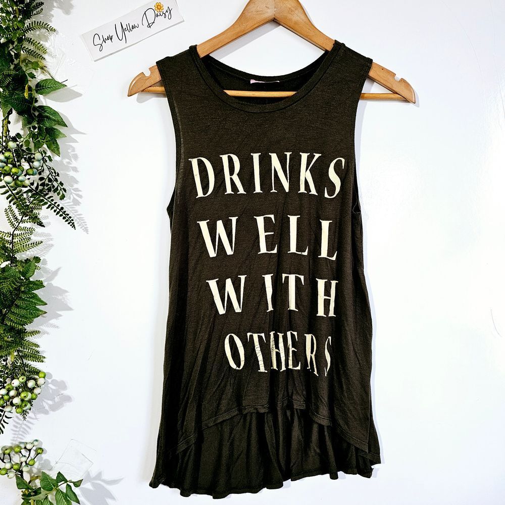 Miss Popular Drinks Well With Others Graphic Muscle Tank Top Charcoal Gray Funny